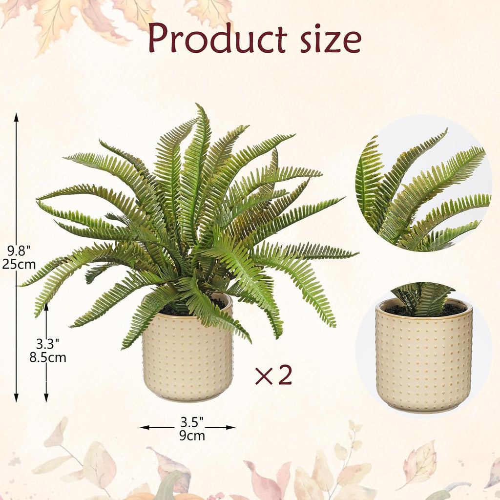 2 Pack Artificial Boston Fern Potted Plants, Small Fall Faux Plant in Pots