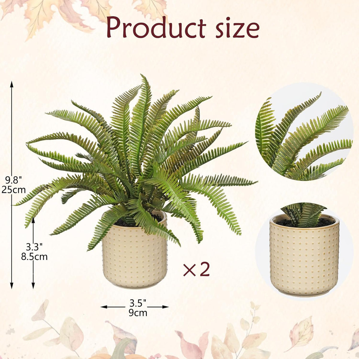 2 Pack Artificial Boston Fern Potted Plants, Small Fall Faux Plant in Pots
