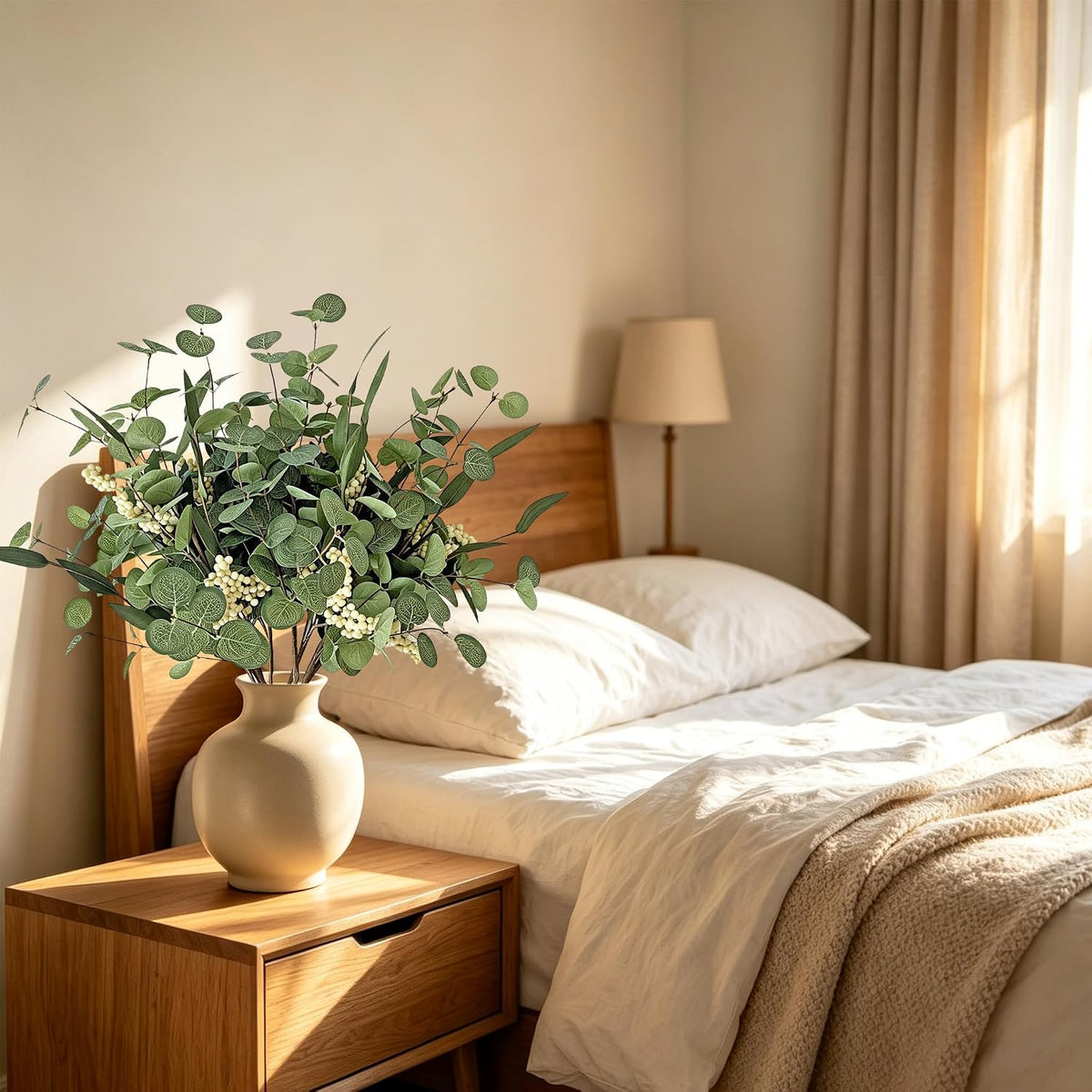 8PCS White Berry Eucalyptus Stems, Artificial Greenery Branches for Vase