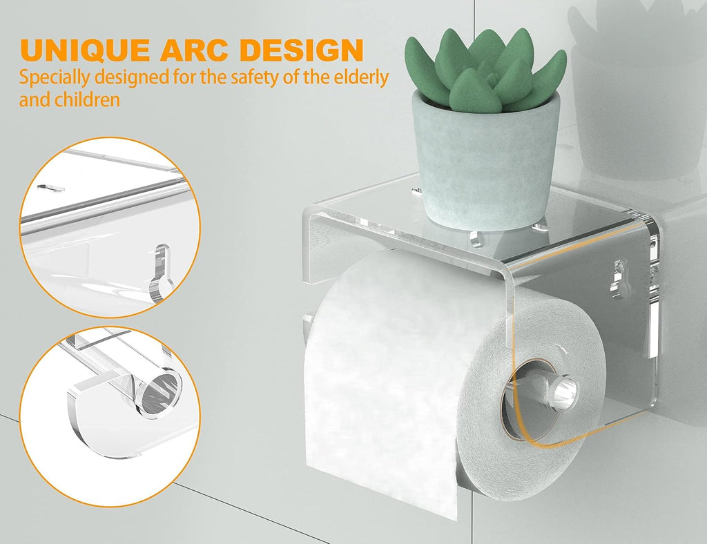 Adhesive Toilet Paper Holder with Shelf, Bathroom Toilet Paper Roll Stand, Wall Mounted Tissue Storage Holder, Acrylic Bathroom Accessories, with 3M Self Adhesive No Drilling (Clear)