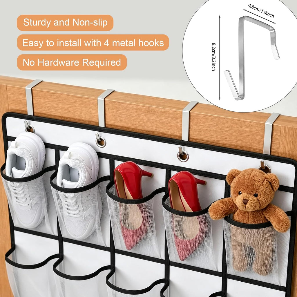 35 Pockets Over The Door Shoe Organizer, Large Breathable Mesh Hanging Shoe Rack with 4 Metal Hooks, Space Saving White Over Door Shoe Storage Holder Mesh Bag for Closet Entryway Bedroom Pantry