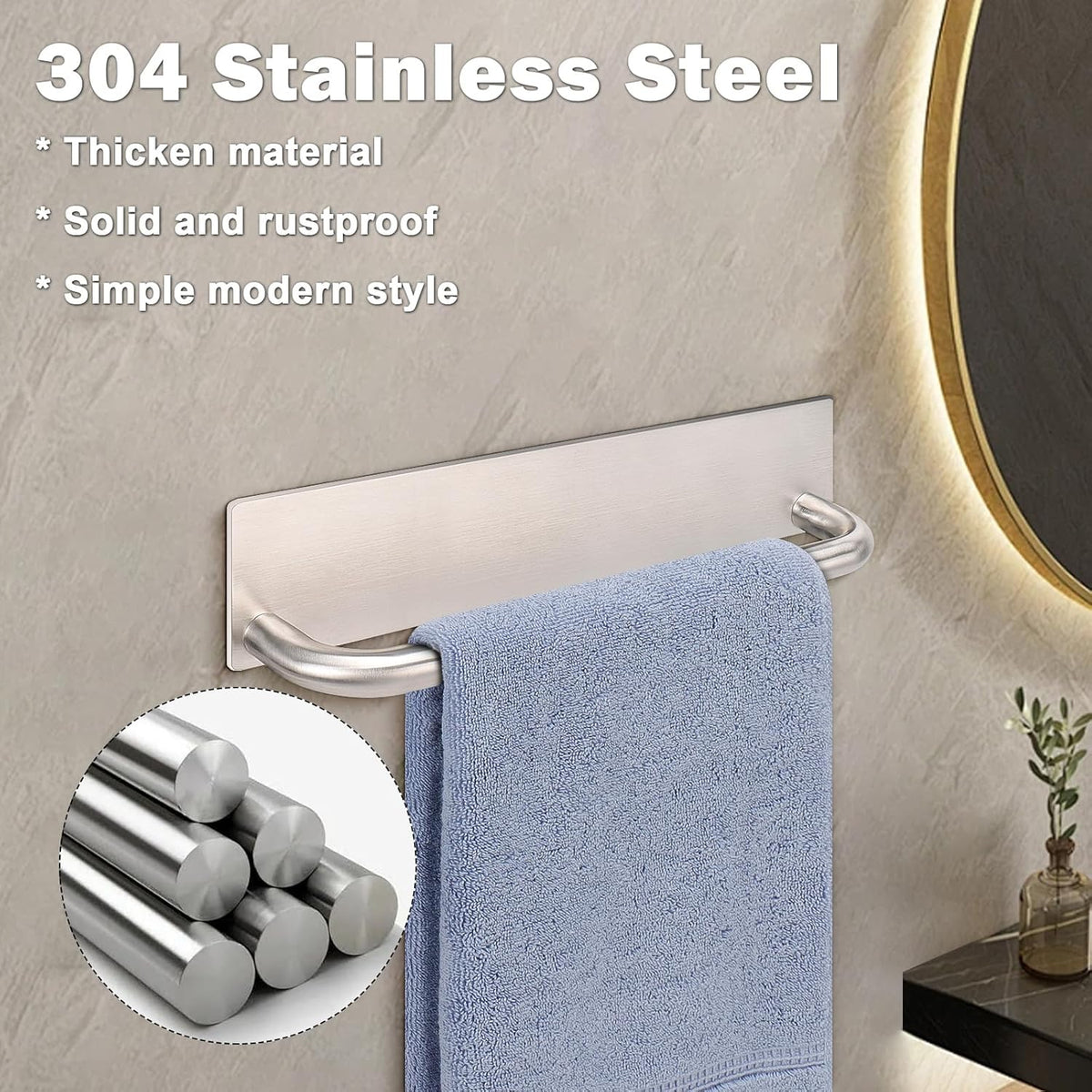 Livabber Self Adhesive Hand Towel Holder- 304 Stainless Steel Hand Towel Bar for Bathroom Kitchen Stick on Wall, Towel Ring No Drilling, 9 Inch (Brushed Nickel)