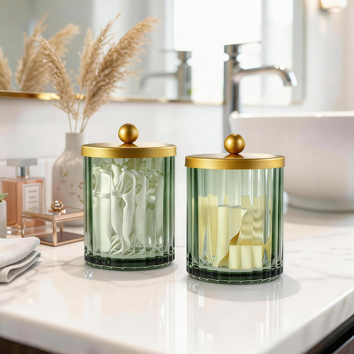 Amolliar Green Glass Qtip Holder Dispenser, Bathroom Canister, Gold 2 Pack