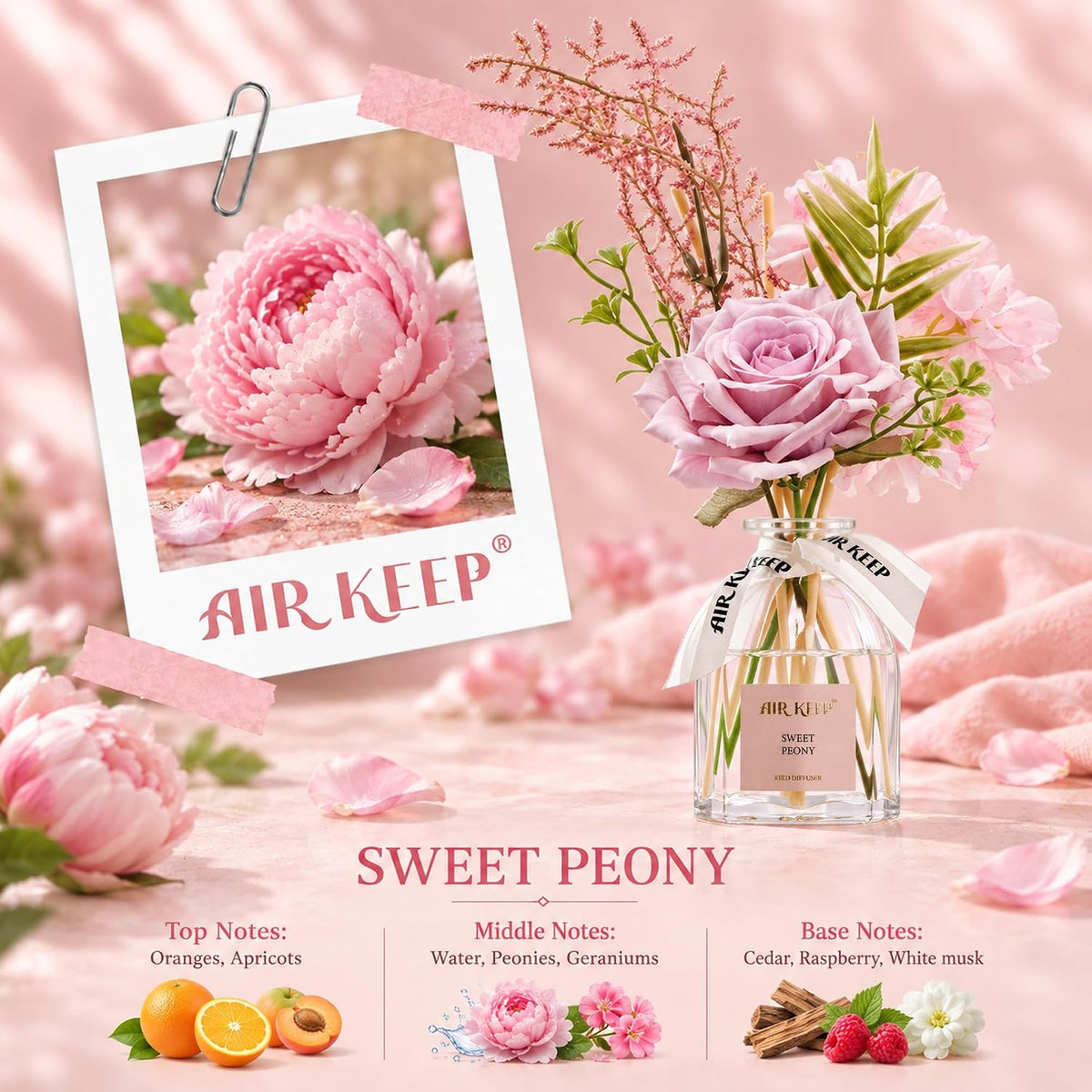 Airkeep Sweet Peony Flower Reed Diffuser Set, 4.06 fl oz