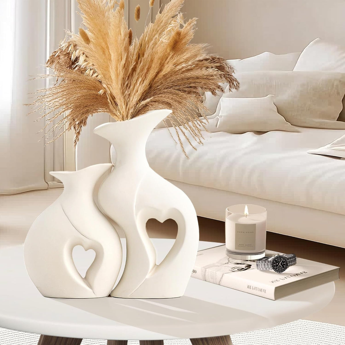XL White Flower Vases, Nordic Heart Shaped Ceramic Set of 2