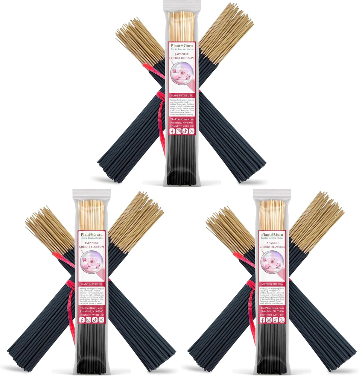 Japanese Cherry Blossom Incense Sticks 11" - 1 Bundle 85 to 100 Sticks - Smooth and Clean Long Burn Time, 45 to 60 Minutes. (Pack of 3)