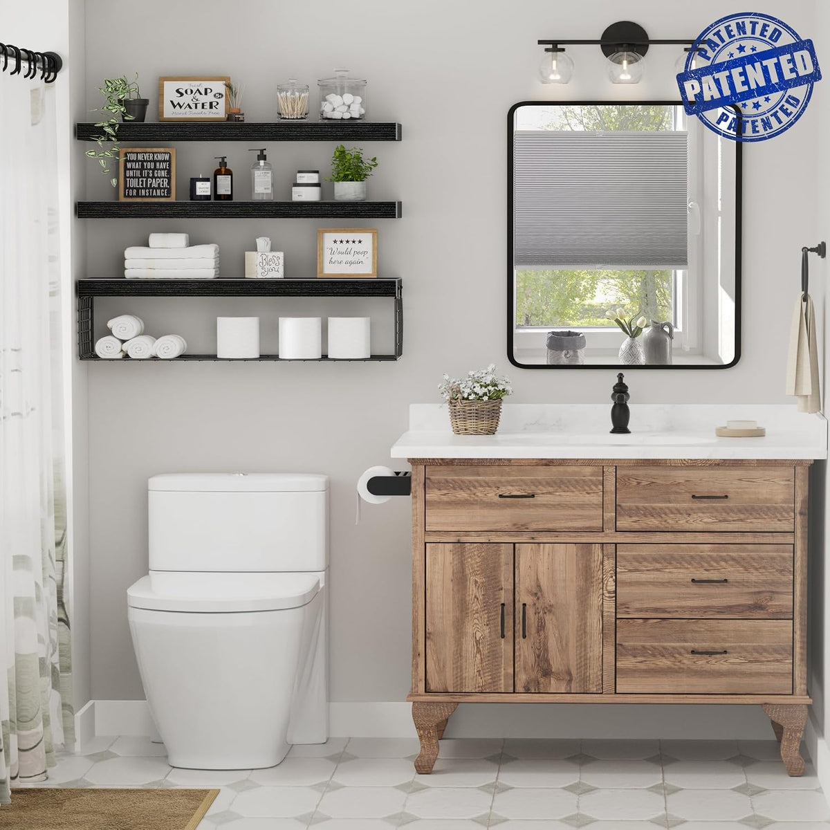 QEEIG Bathroom Shelves Over Toilet Wall Mounted (Black, Set of 3, 31.5")