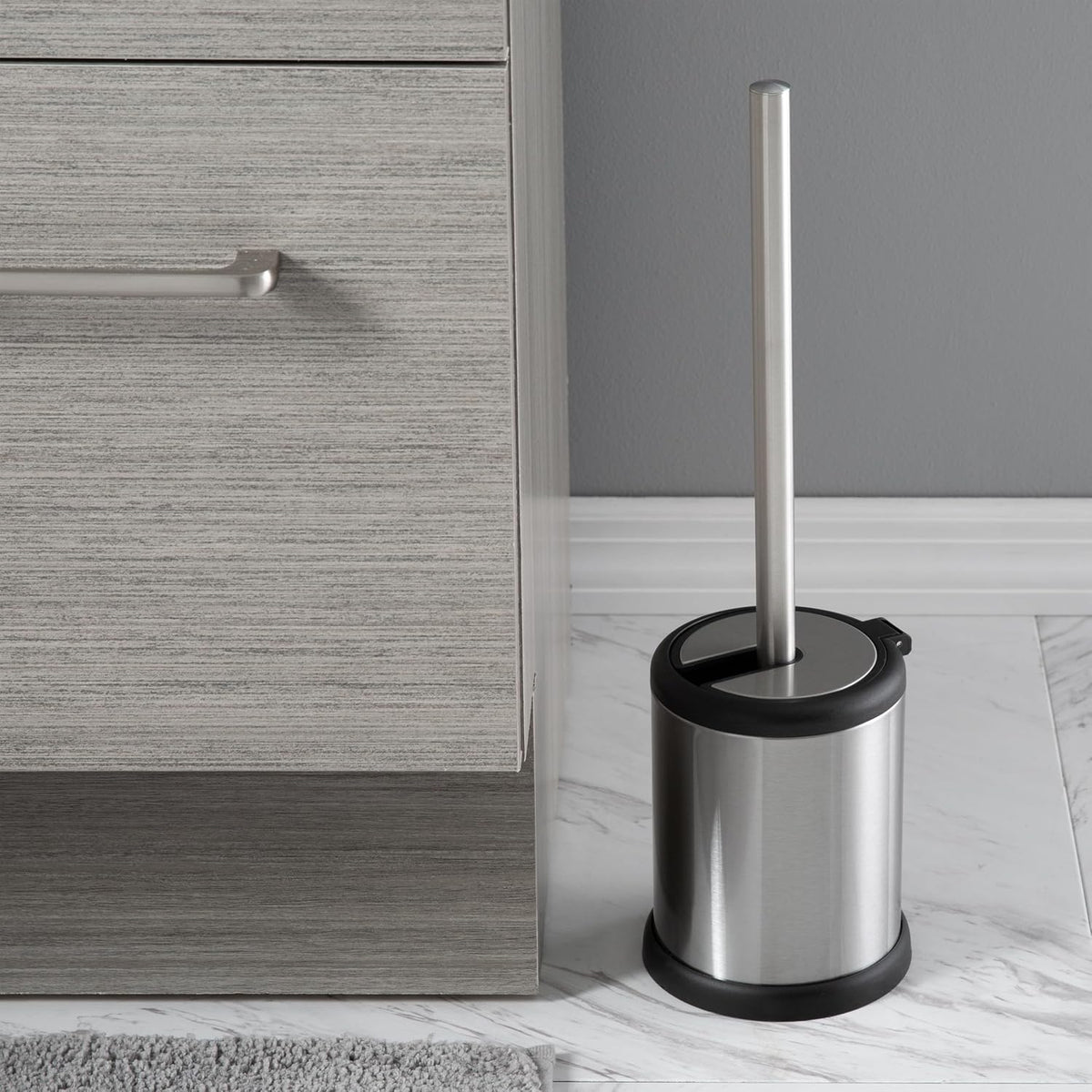 Bath Bliss Toilet Brush and Holder | Self Closing Lid | 360 Degree Brush Head | Bathroom Cleaning | Compact Size | Storage and Organization | Stainless Steel