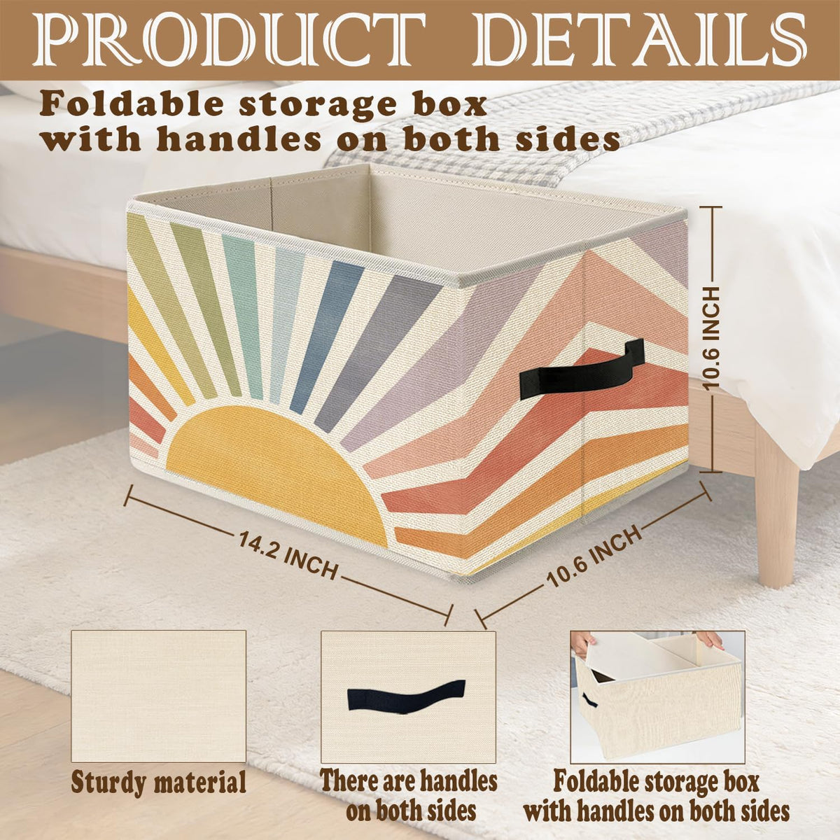 Boho Rainbow Sunshine Classroom Storage Bins, Cute Boho Abstract Sunshine Foldable Closet Organizers Storage Basket Toybox for Kids Nursery Room Bedroom Bathroom Playroom Clothes Toys Books