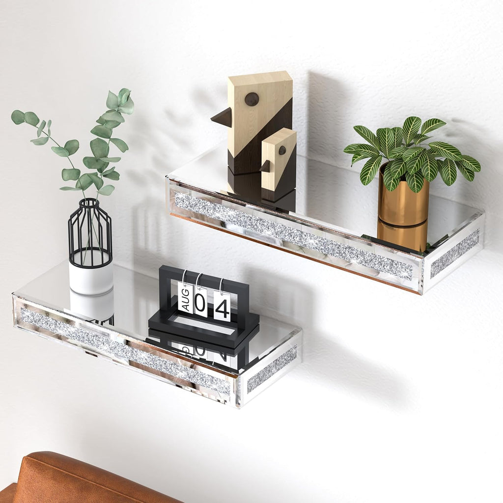 SHYFOY Mirrored Floating Shelves for Wall, Set of 2, Silver Glass Shelves