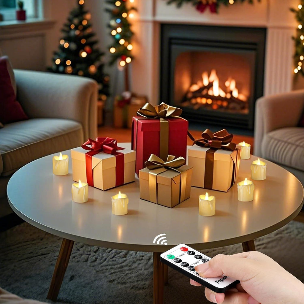 Topstone Flickering Flameless LED Tea Lights, Dimmable Battery Operated Fake Candles with Dual Remotes, Steady & Flicker Modes, 12 Pack Bulk for Christmas Halloween Holiday Decor