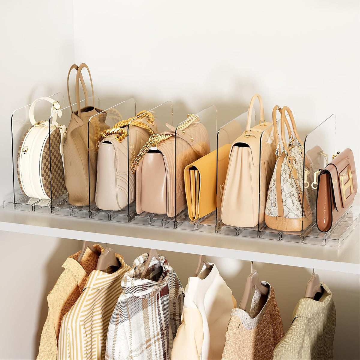 Stackable Bag & Purse Organizer for Closet Acrylic Shelf Dividers for Closet Organization, Clear Handbag Purse Storage Organizer Divider, Keep Clutch, Wallet, Pocketbook Upright, 6 Pack