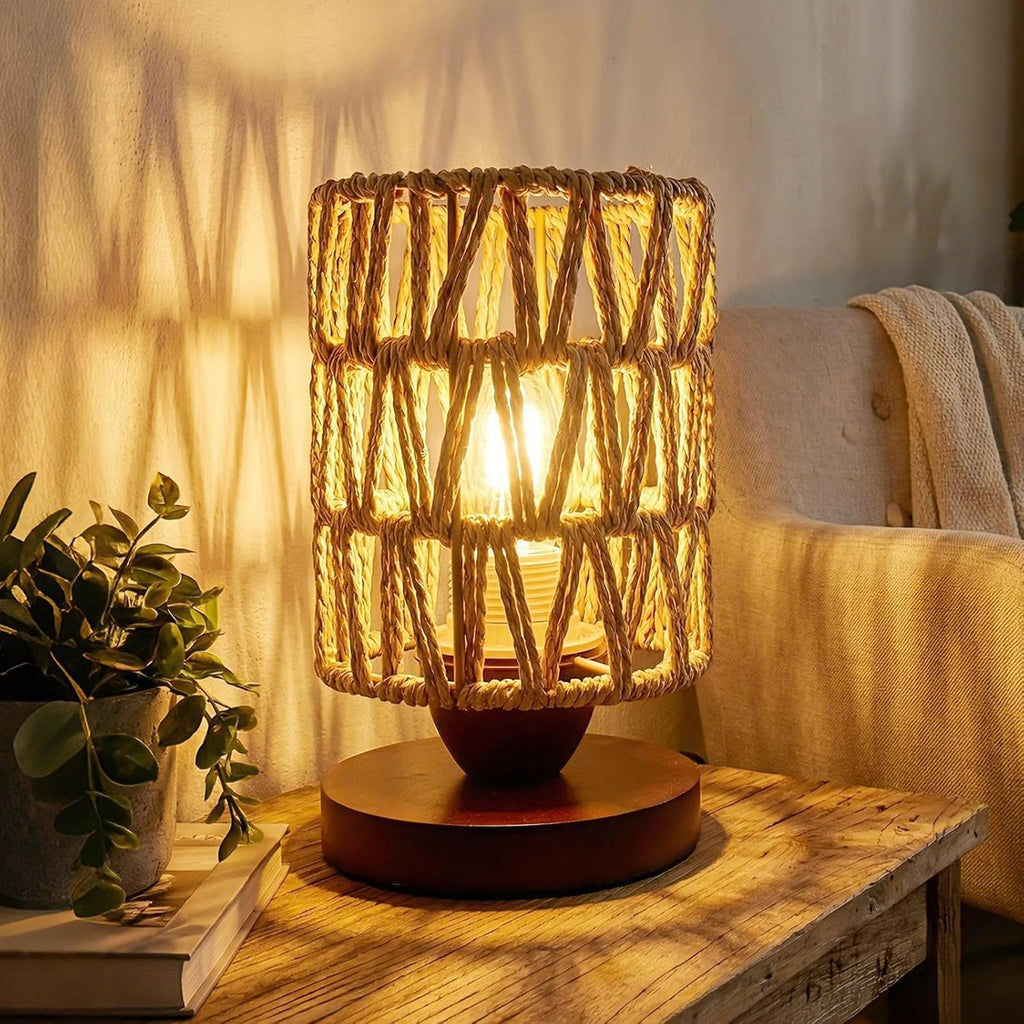 Boho Rattan Table Lamp,Dimmable Bamboo Small Bedside Lamp for Bedroom Decor