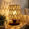 Boho Rattan Table Lamp,Dimmable Bamboo Small Bedside Lamp for Bedroom Decor
