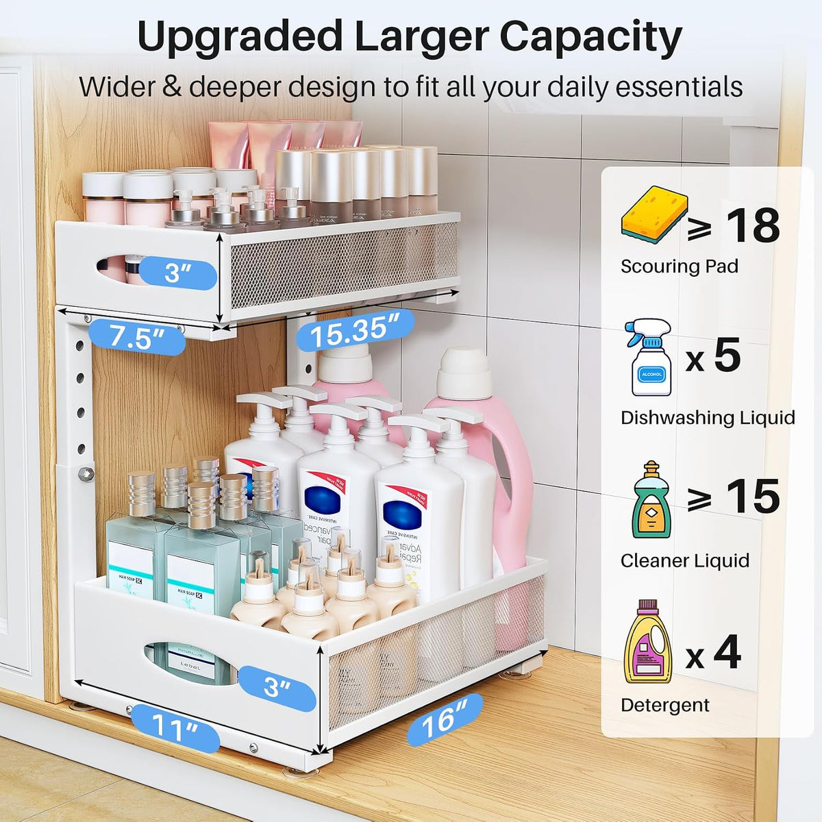 Under Sink Organizer, 2 Pack 2 Tier Pull Out Under Cabinet Organizer Shelf with Pad for Framed Cabinets, Metal Slide Out Under Sink Storage, Mesh Sliding Drawers for Kitchen Bathroom Laundry, White