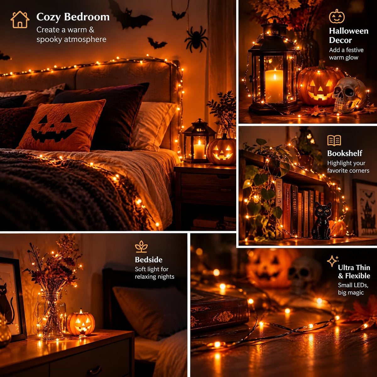 Dazzle Bright Halloween Fairy String Lights, Total 40FT 120LED Copper Wire Battery Operated Waterproof Lights, Halloween Decorations for Indoor Home Outdoor Garden Patio Yard Party Decor (Orange)