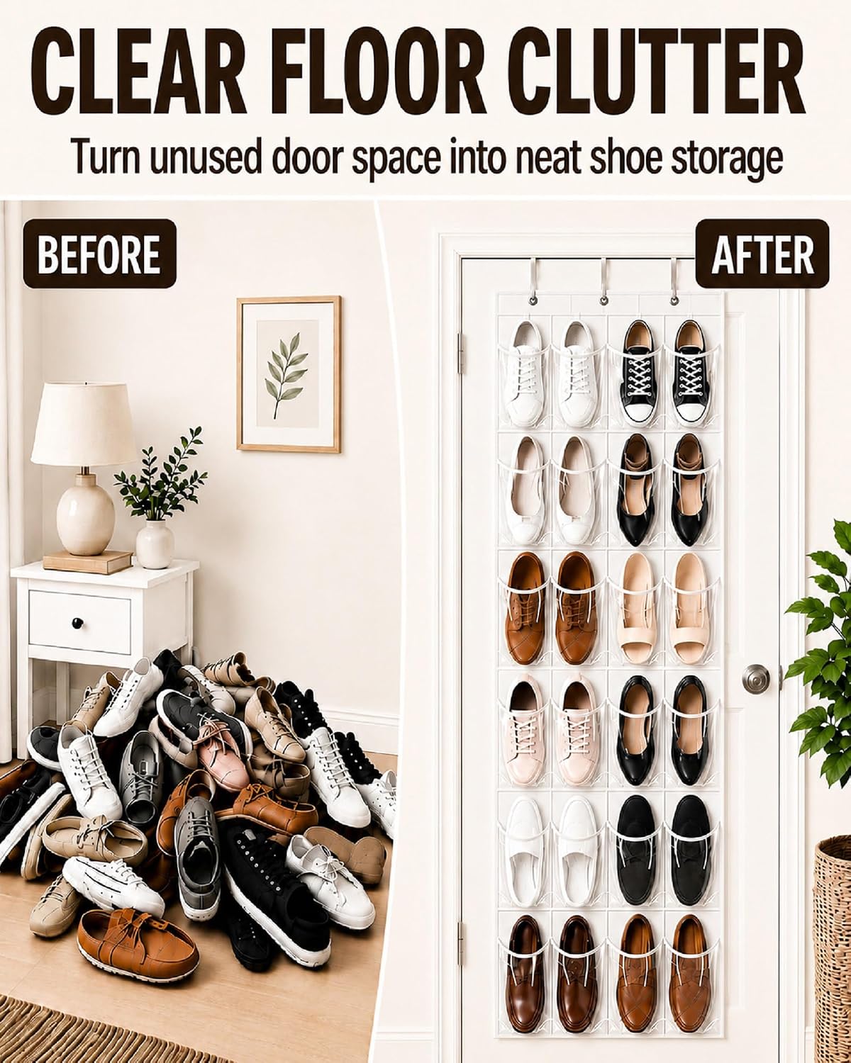 Over-the-Door Shoe Organizer with 24 Crystal Clear Pockets, White
