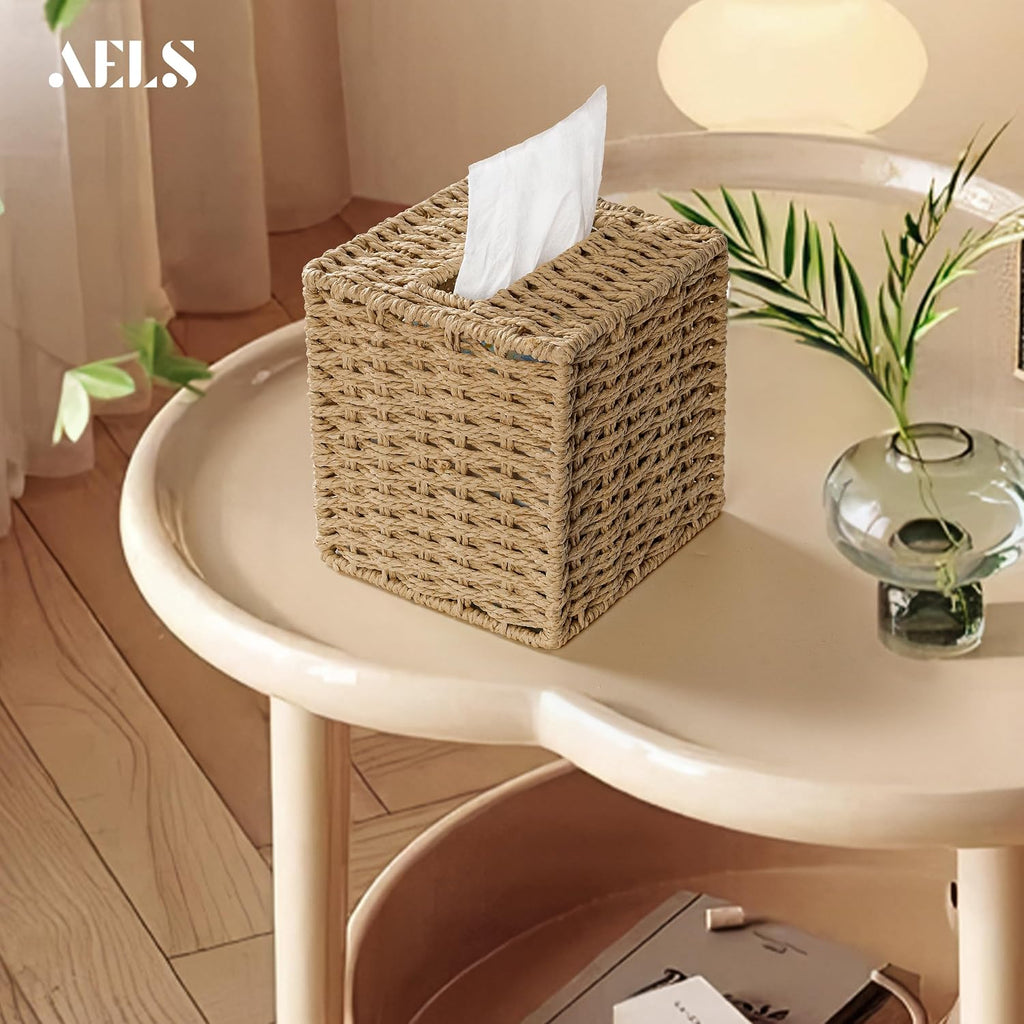 AELS Farmhouse Tissue Box Cover Square, Hand Woven Strawpaper Facial Tissue Paper Holder, Cute Tissue Box Holder Square, Boho Bathroom Decor Box for Tissues Cube Box w/Elastic Bottom, Natural