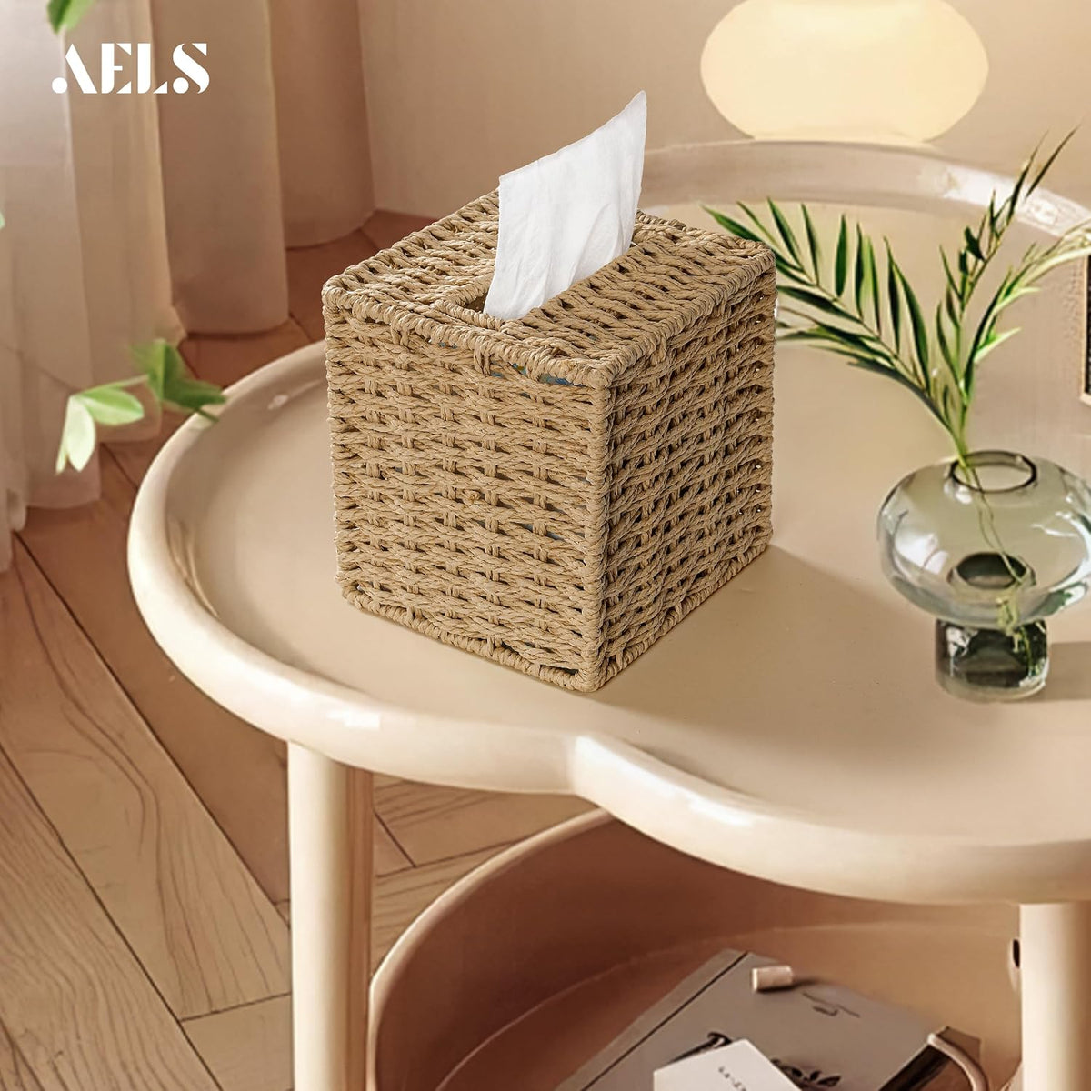 AELS Farmhouse Tissue Box Cover Square, Hand Woven Strawpaper Facial Tissue Paper Holder, Cute Tissue Box Holder Square, Boho Bathroom Decor Box for Tissues Cube Box w/Elastic Bottom, Natural