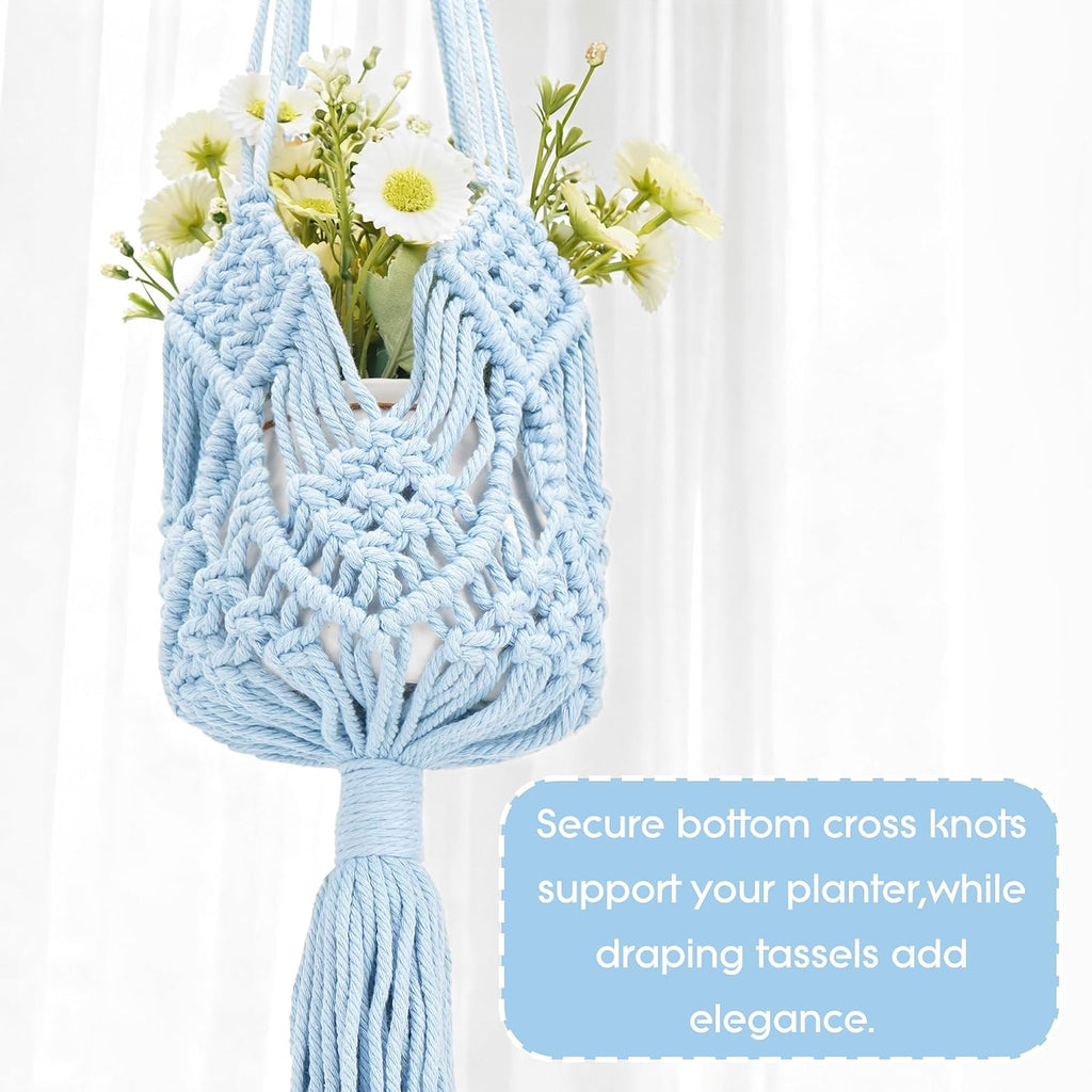 2 Pack Macrame Plant Hangers, 33-Inch Cotton Rope Hanging Planters with Diamond Design, Boho Home Decor for Indoor and Outdoor Use, Blue