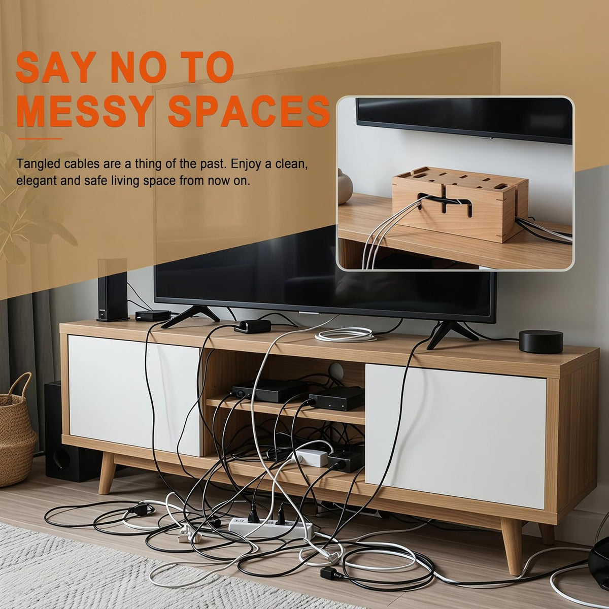 Elitzia Beech Wood Cable Management Box for Power Strip, Magnetic Lid