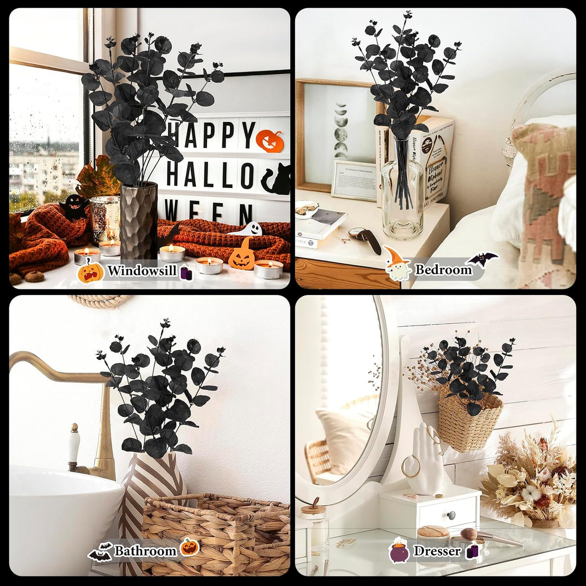 MEILIDY Artificial Eucalyptus Stems, Faux Foliage Branches, Black, 12 Pcs
