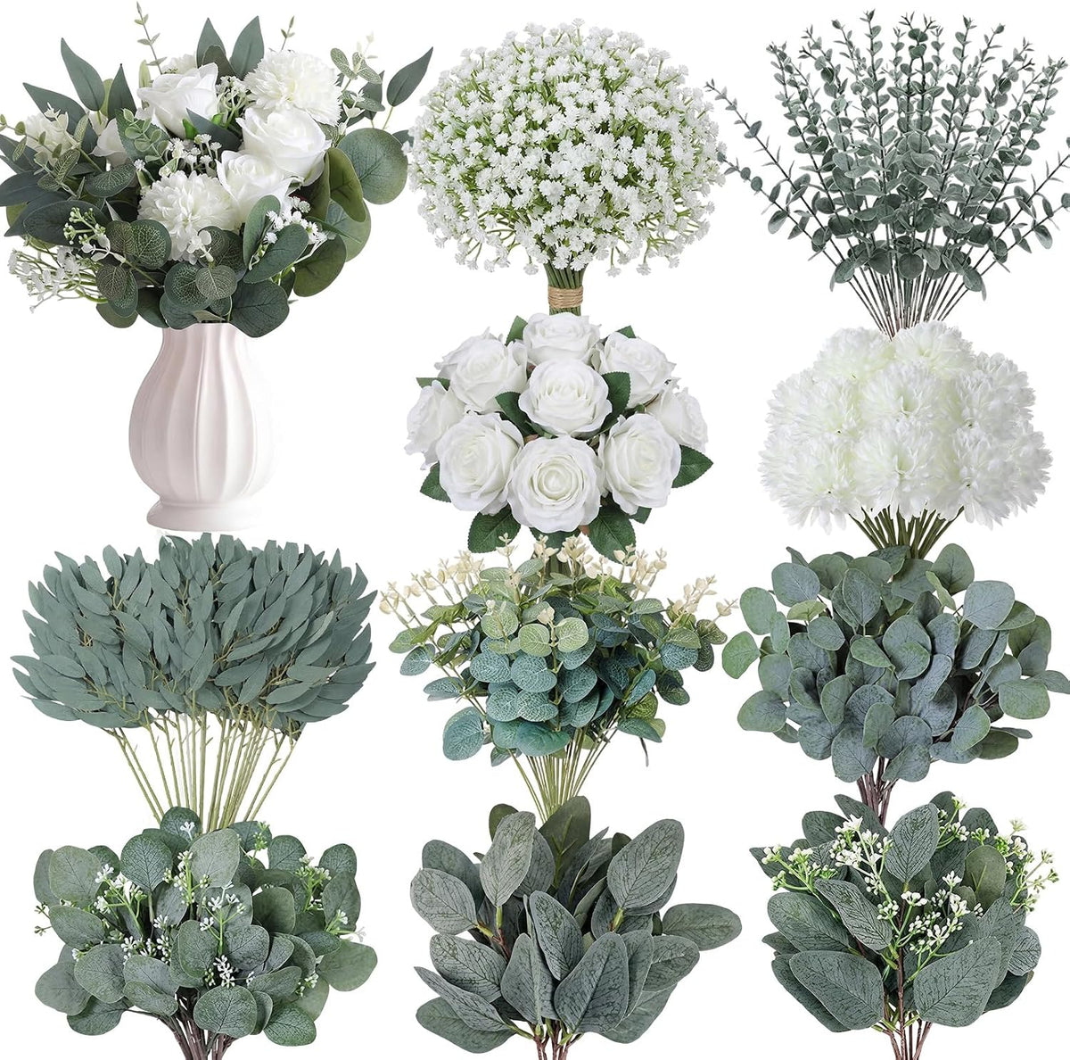 Tigeen 180 Pcs 10 Kinds Mixed Artificial Eucalyptus Stems Bulk for Wedding