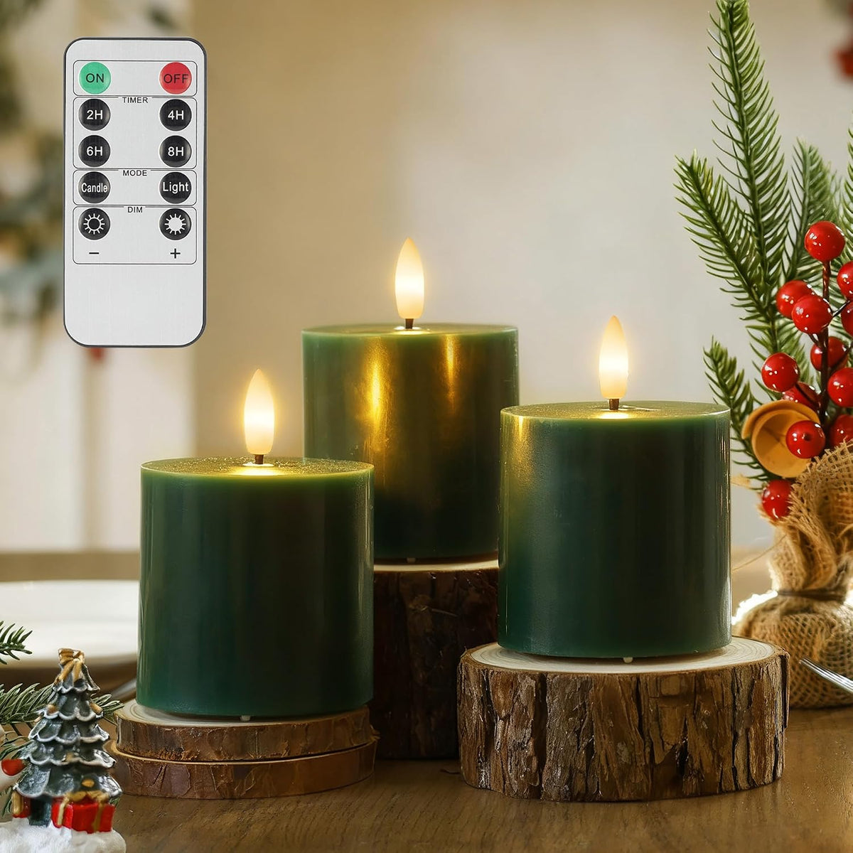 Green Flameless Pillar Candles, Real Wax Battery Operated Candles with Remote and Timer, Flickering LED Candles for Christmas Holiday Home Decor,Xmas Gift, Set of 3(3"x3")