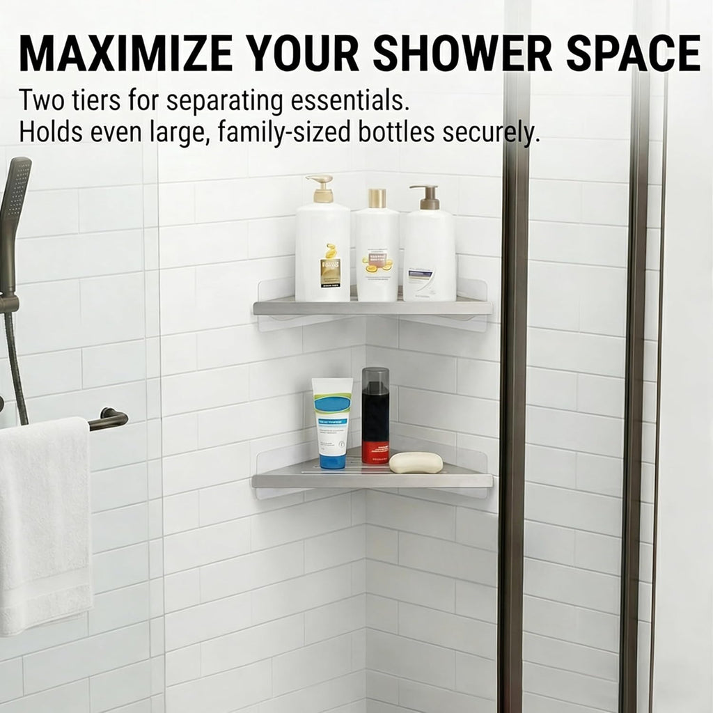 BVL Corner Shower Shelf, 8 Inch Brushed Nickel 2-PACK Bathroom Corner Organizer, 3M Adhesive Wall Mounted Shower Caddy, Waterproof Rustproof Metal Storage Rack for Shampoo Soap
