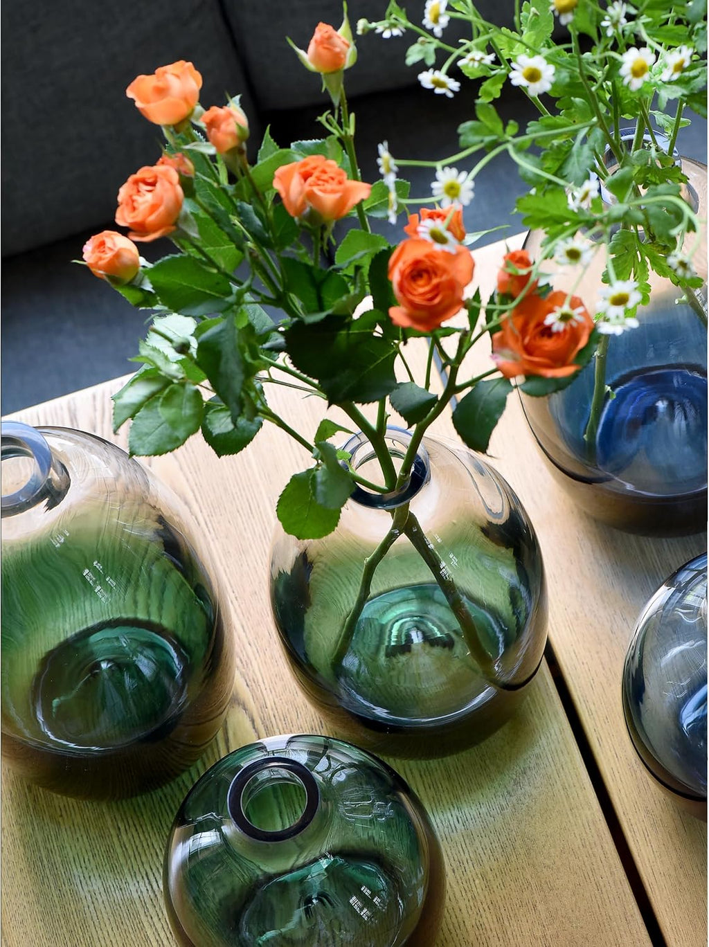 CONVIVA Modern Green Glass Flower Vase Set, 3 Sizes 11" 9" 7" Height