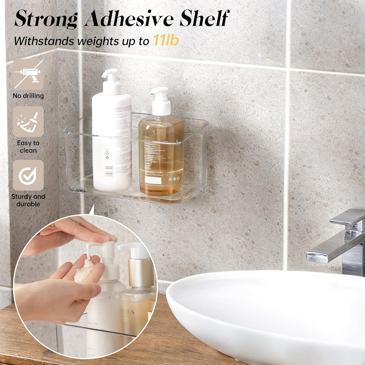 PAVSTINE 2 Pack Clear Shower Shelf, Adhesive Bathroom Shower Shelves