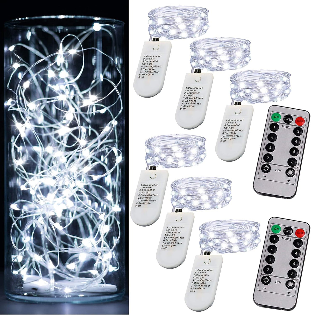 6 Pack Fairy Lights Battery Operated String Lights w/ Timer,2 Remotes,20LED