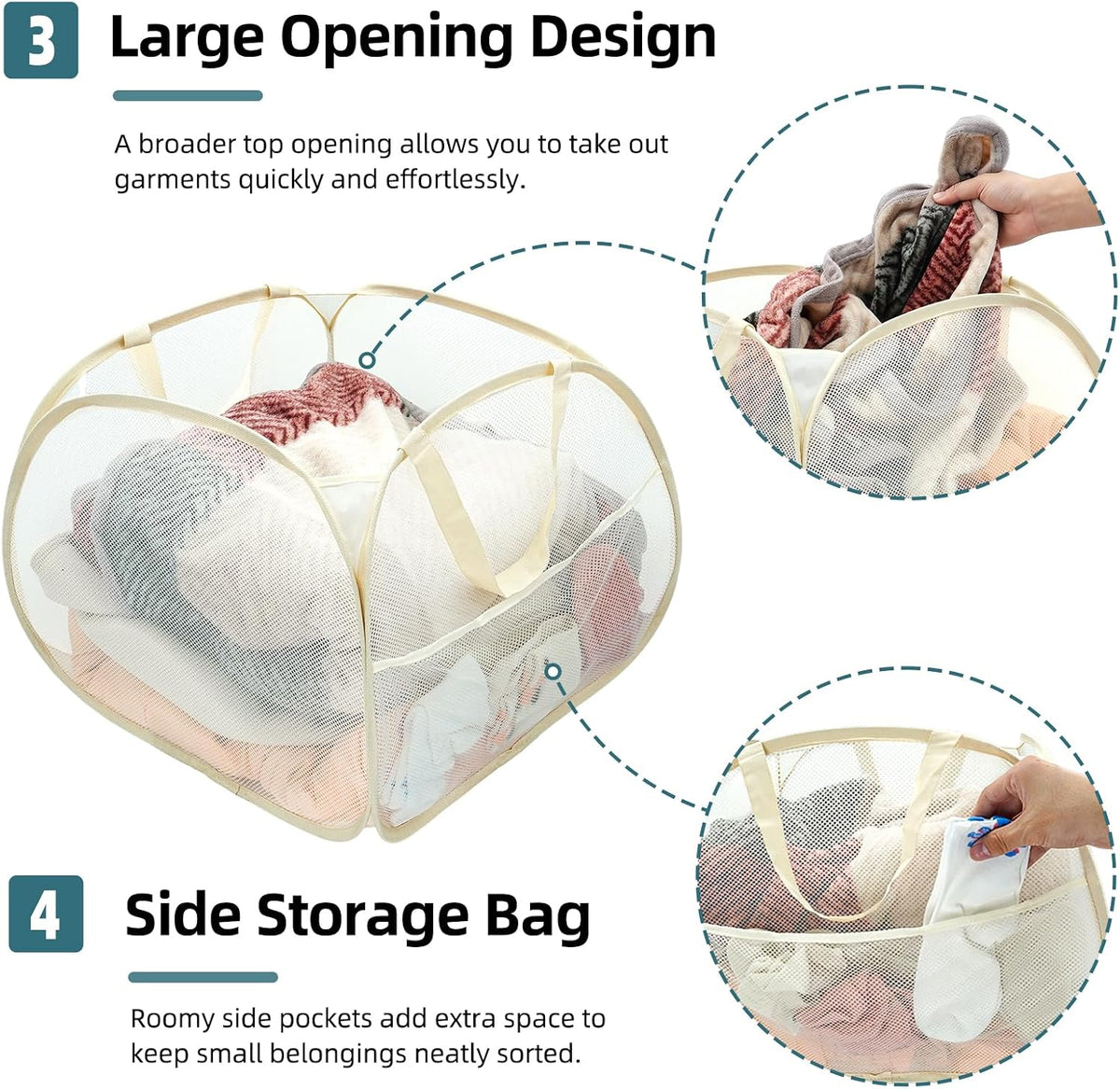 Collapsible Laundry Baskets, 90L Large Foldable Laundry Basket, Durable Mesh Pop Up Hampers for Laundry, Dirty Clothes Laundry Hamper for Bedroom, Bathroom, Dorm, Laundry Room, Travel, Camping Beige