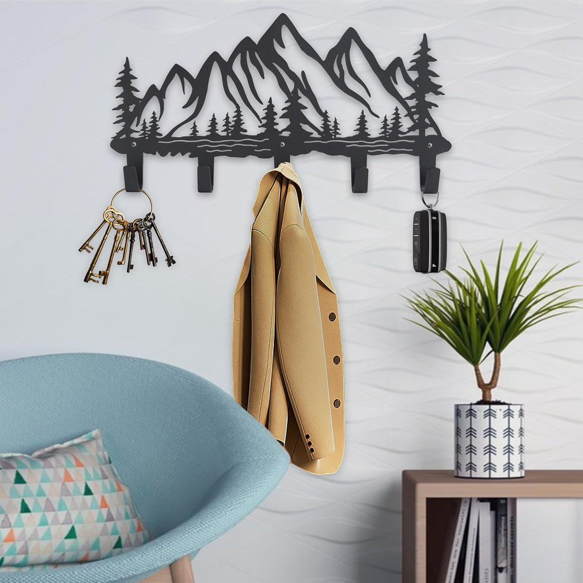 Metal Mountain Coat Hooks Wall Art Decor-Mountain Hangers and Key Holder-Clothes Hat Rack and Backpack Hanger Decor for Storage, Living Room, Hallway, Office (Black)