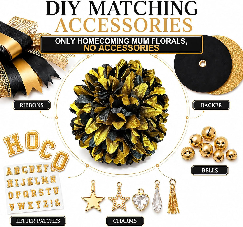 3Pcs Black and Gold Homecoming Mum Flowers, 6.5 Inch Artificial Mum Flowers
