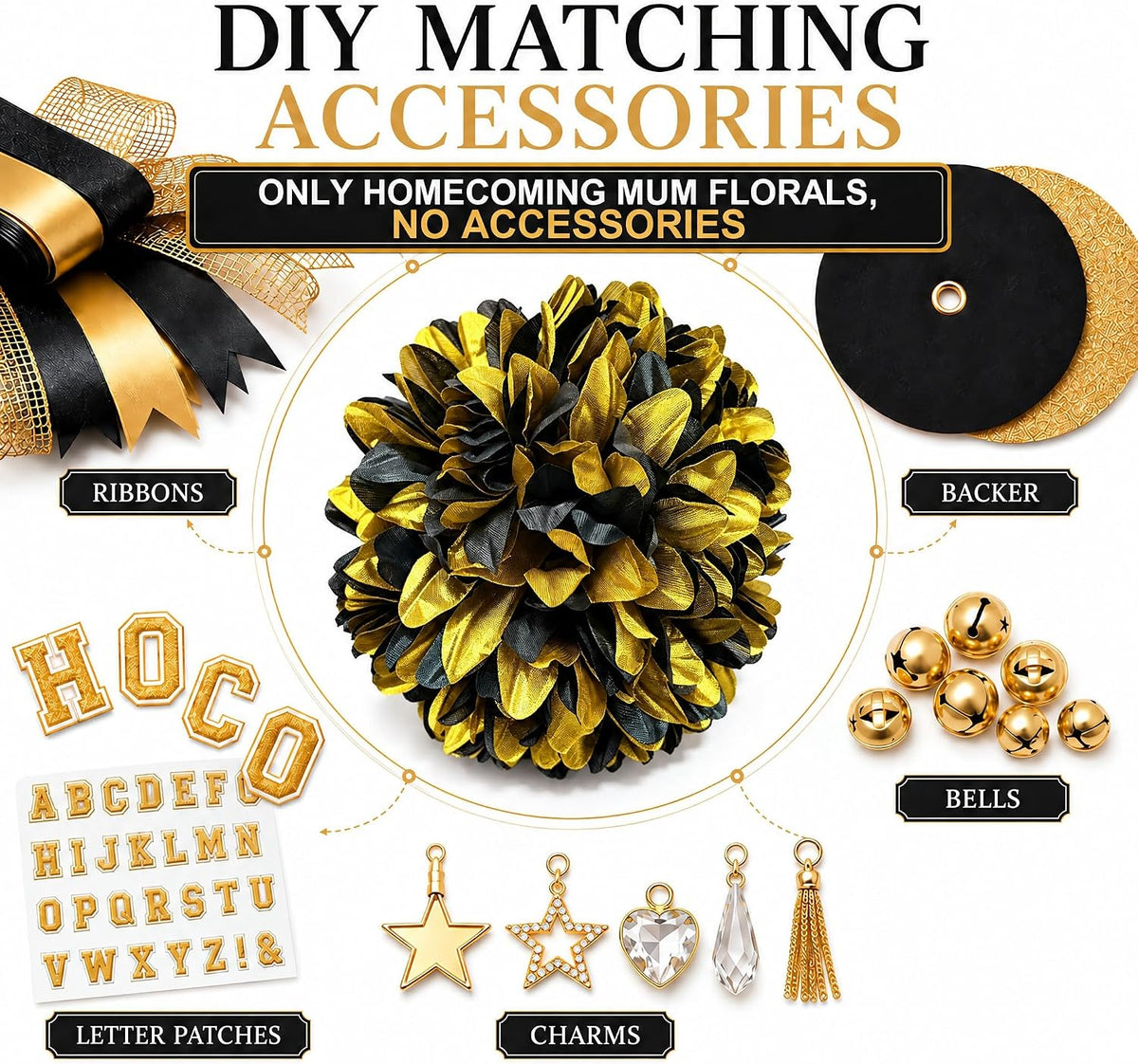 3Pcs Black and Gold Homecoming Mum Flowers, 6.5 Inch Artificial Mum Flowers