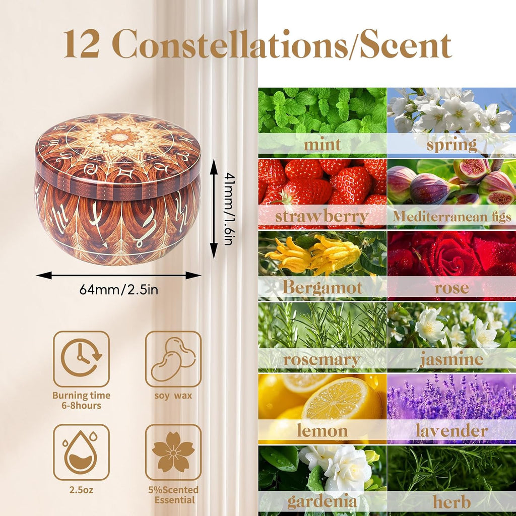 Zodiac Scented Candles Gifts Set, 12 Pack Soy Wax Travel Aromatherapy Candles with Essential Oils, Astrology Constellation Candle Set for Birthday, Mother's Day, Relaxation, Home Decor