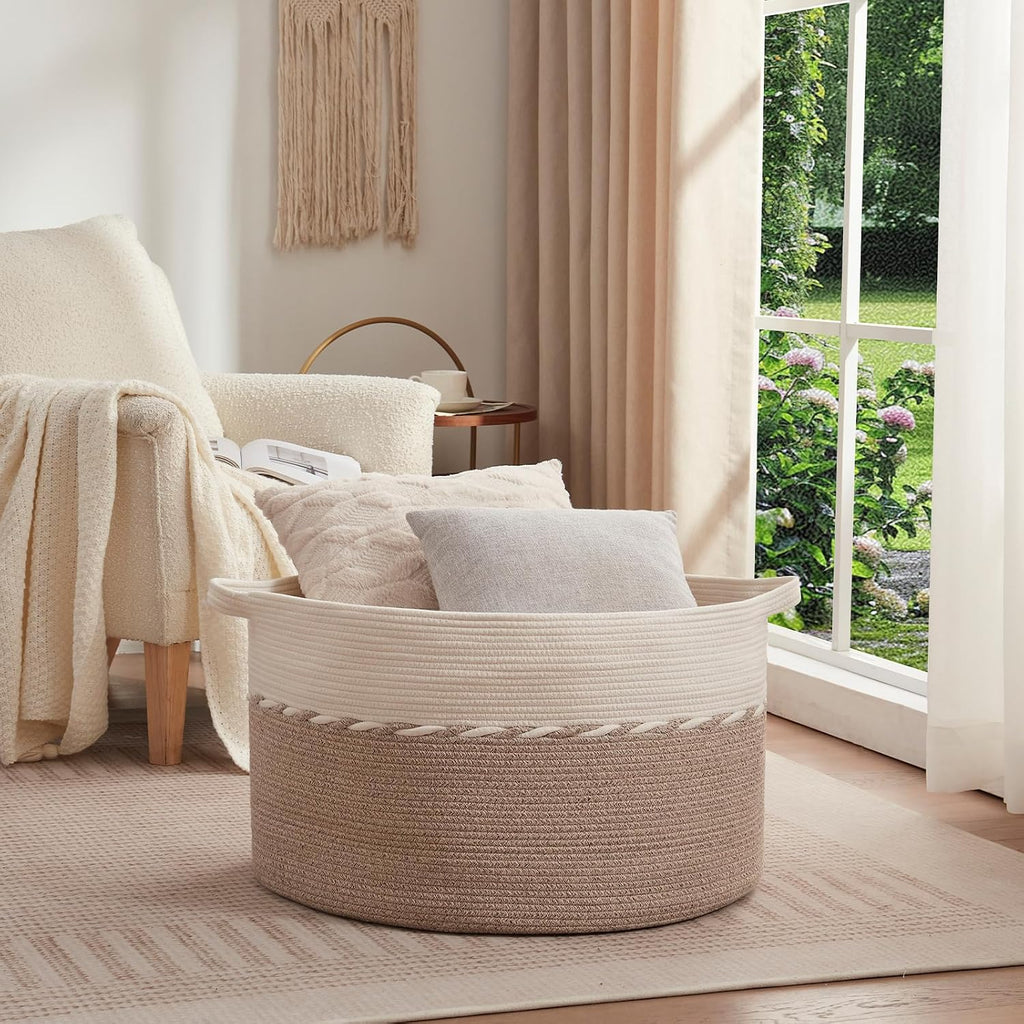 OIAHOMY 125L Extra Large Blanket Basket, Jumbo Cotton Laundry Basket Brown