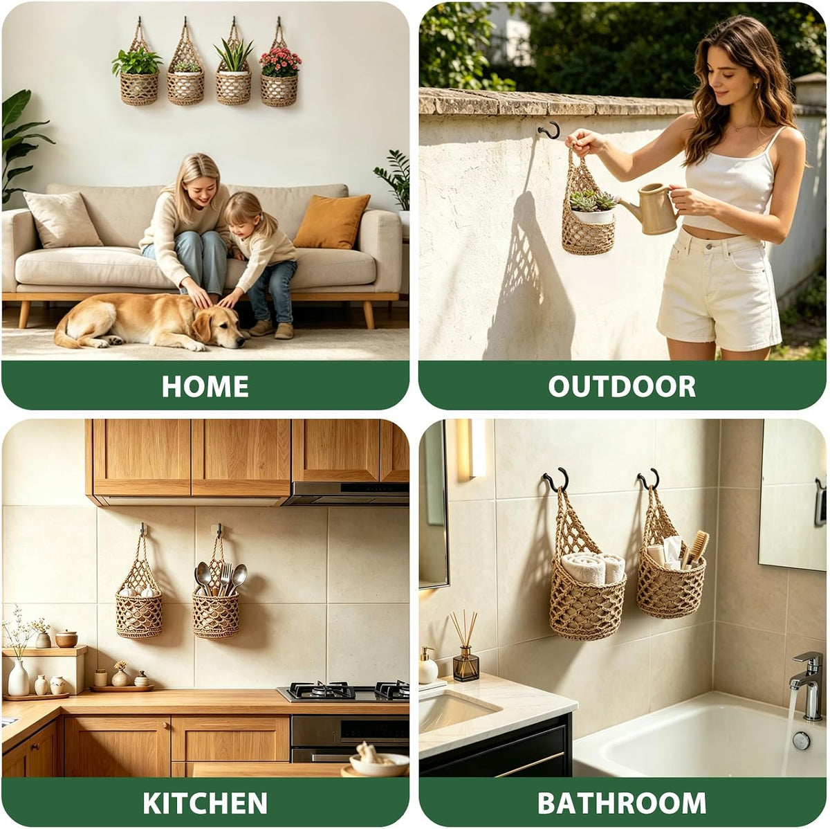 4-PCS 5 Inch Macrame Wall Plant Hangers, Small Wall Hanging Plant Holder for Up to 5 Inch Pot, Natural Cotton Rope Hanger for Indoor Plants & Daily Storage, Boho Home Decor