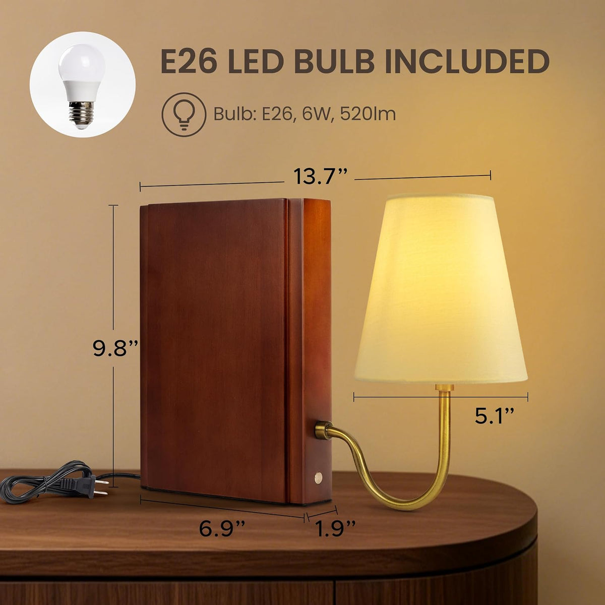 AELS Solid Wood Bookshelf Lamp with Bulb, 3-Color Touch Control Dimmable Table Lamp with Linen Shade, Modern Decorative Bookend Lamp for Bedroom, Office & Bookshelf Decor, Dark Brown (Pack of 2)
