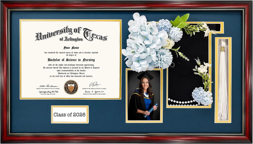 GraduationMall Class of 2026 Graduation Shadow Box Frame for 8.5x11 Diploma, 4x6 Picture with Cap & Tassel Holder, Cherry Wood Display Case with Navy Gold Mat