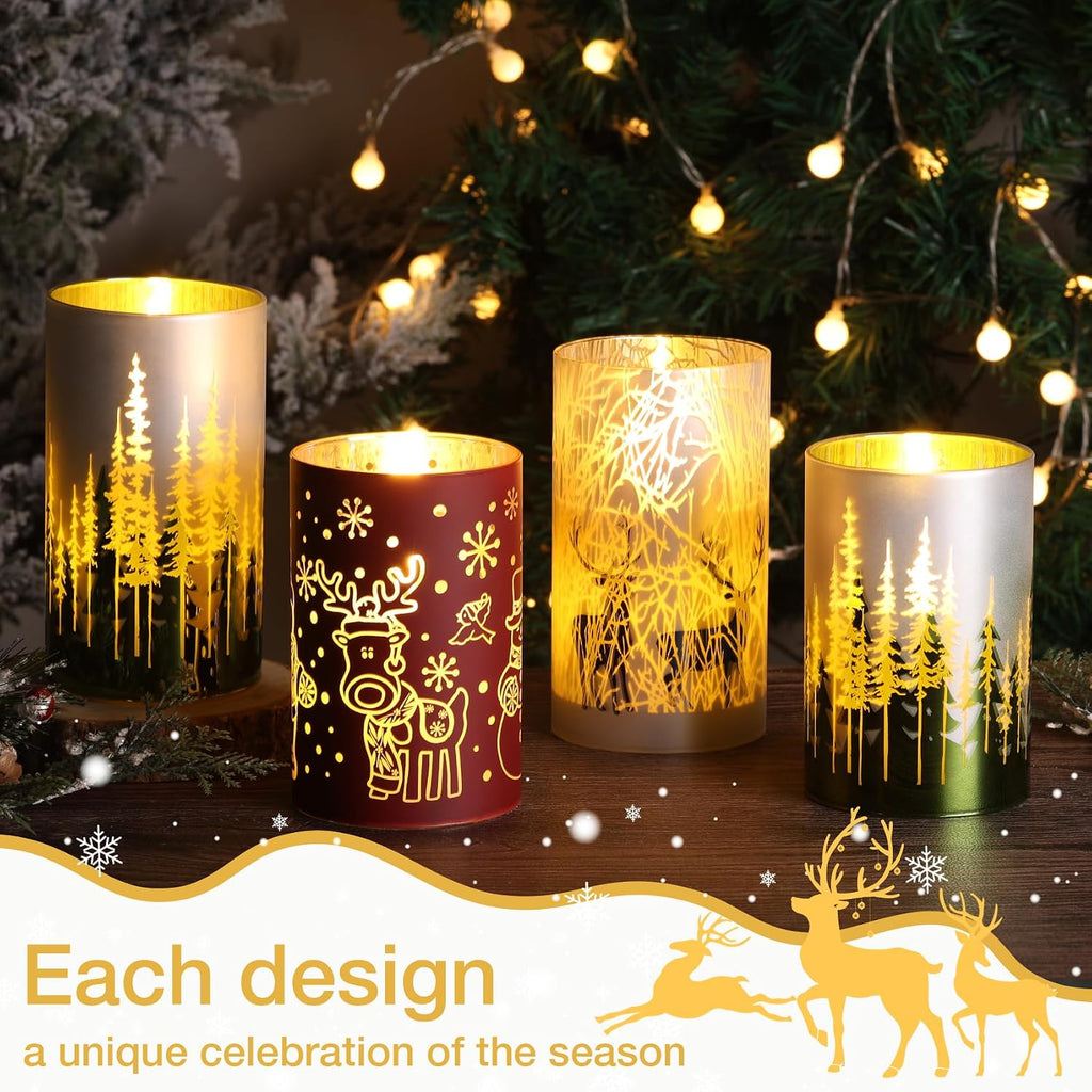 Eywamage Forest Reindeer Glass Flameless Pillar Candles with Remote