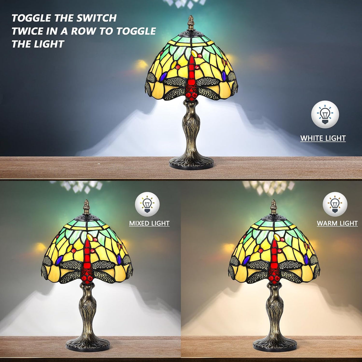 8'' Stained Glass Table Lamp, Vintage Desk Bedside Night Ligh