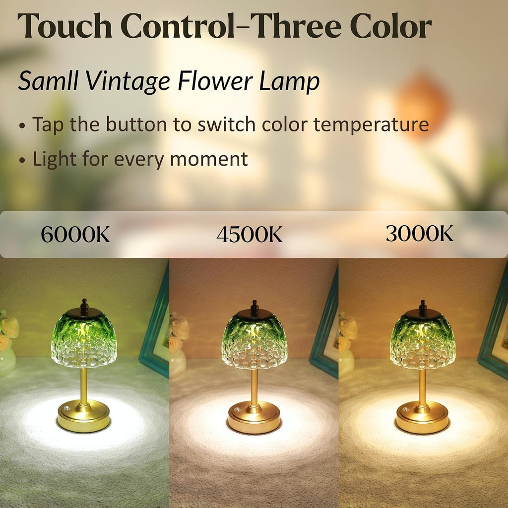 Cordless Rechargeable Table Lamp, Vintage Art Glass Shade, Dimmable, Brown