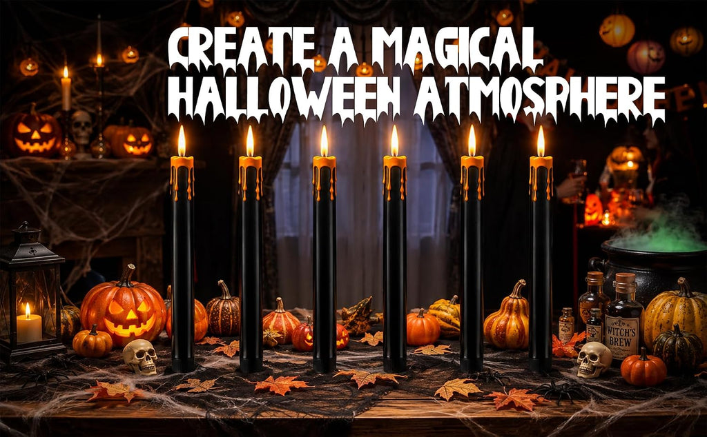 Dusk&Decorum 6 Pack Halloween Tapered Candles with Remote, Black Halloween Flameless Candles with Orange Dripping Wax, Battery Operated LED Halloween Candles for Table, Mantel & Indoor Decor