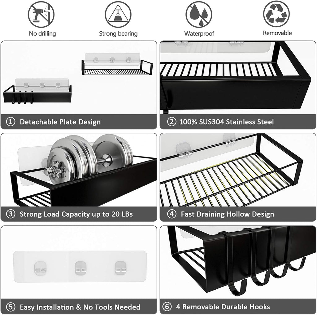Shower Caddy, Adhesive Shower Organizer with Hooks, Shower Shelves for Inside Shower, No Drilling Shower Rack Holder, Shower Storage for Bathroom, Kitchen Spice Rack-2 Pack Black