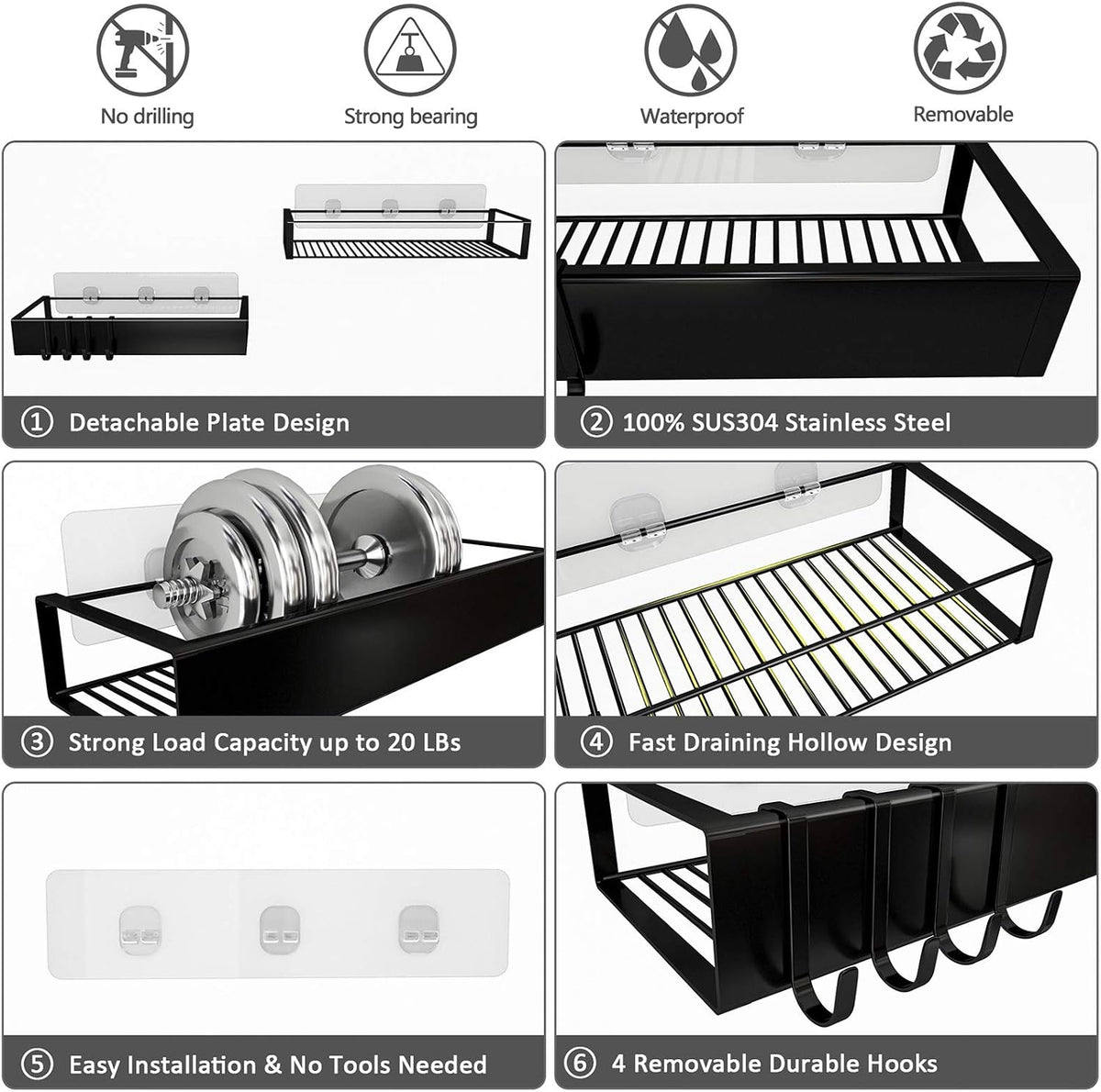 Shower Caddy, Adhesive Shower Organizer with Hooks, Shower Shelves for Inside Shower, No Drilling Shower Rack Holder, Shower Storage for Bathroom, Kitchen Spice Rack-2 Pack Black