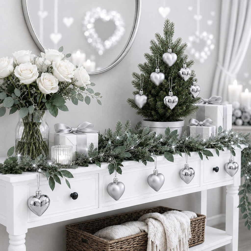 Set of 12 Silver Heart Ornaments for Christmas Valentine Tree Decorations, 1.8 inch Mini Valentines Ornaments for Small Tree, Heart Shaped Plastic Shatterproof Hanging Balls Holiday Party Decor