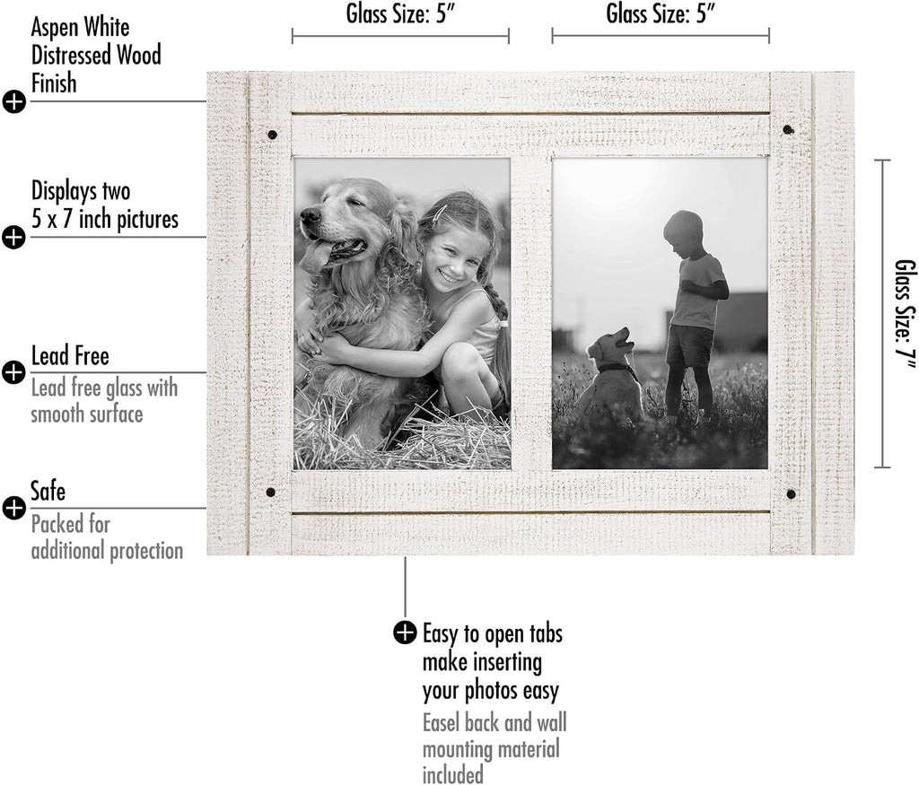 Americanflat 5x7 Double Picture Frame - Distressed Wood - Aspen White