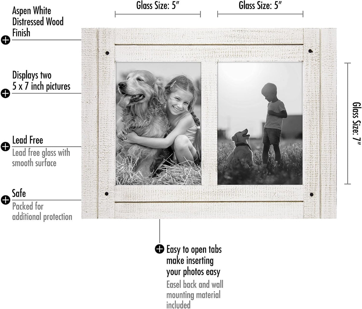 Americanflat 5x7 Double Picture Frame - Distressed Wood - Aspen White